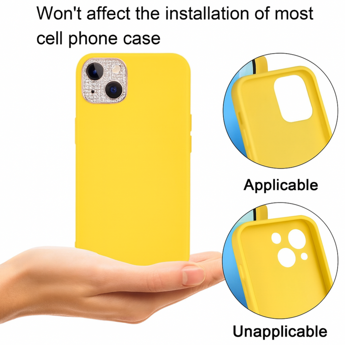 Yellow phone case held in a hand with text indicating its compatibility with most phone cases.