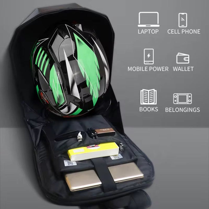Black backpack with compartments for a helmet, laptop, cell phone, and other items on a gray background.