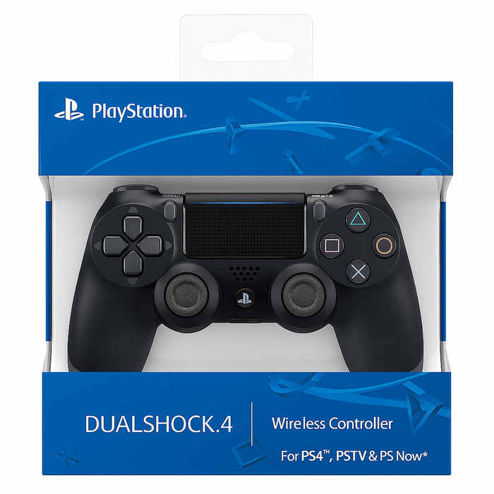 PlayStation DualShock 4 wireless controller packaging on a white background