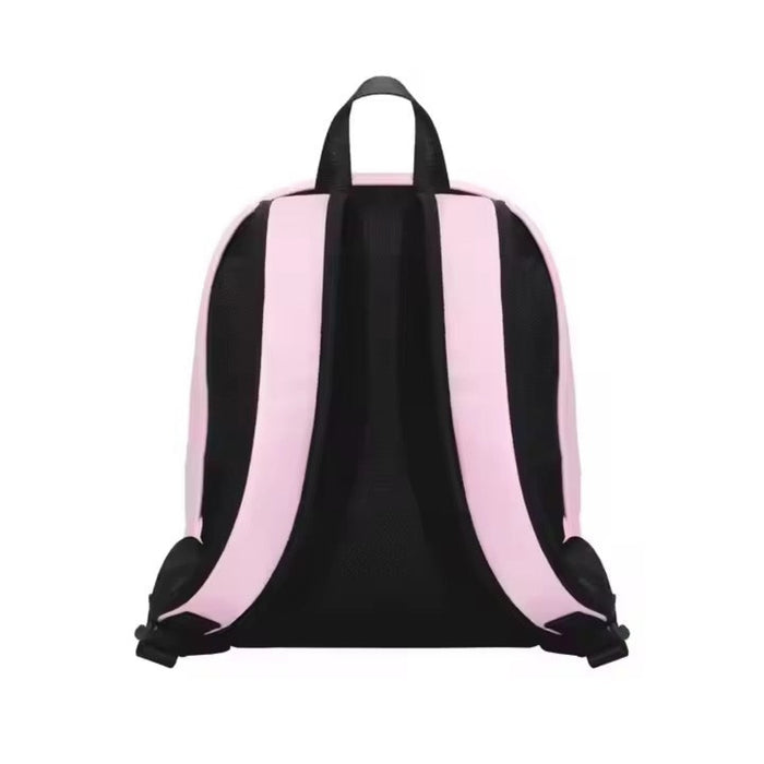 Black backpack with pink straps on a white background