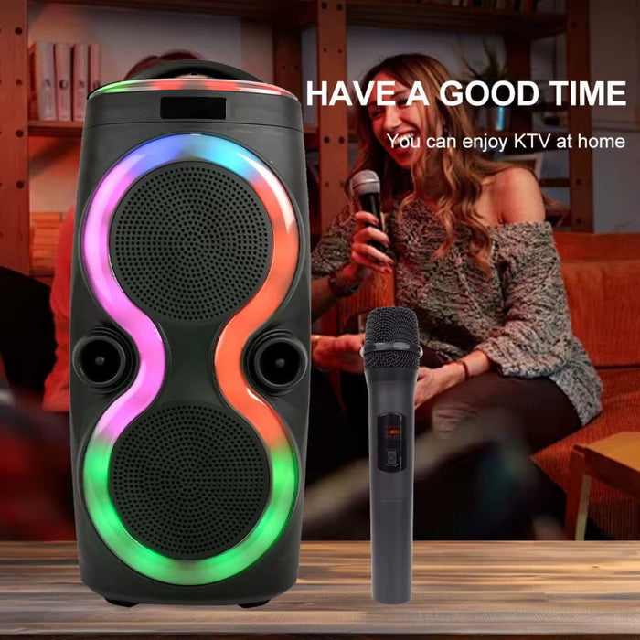 Portable speaker with colorful lights and microphone on a table, with text 'Have a Good Time' and 'You can enjoy KTV at home'.