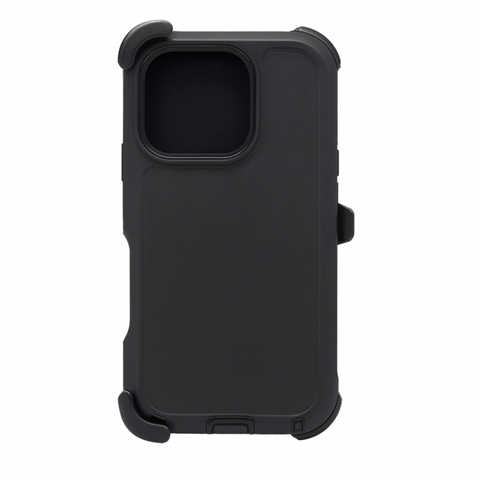 Black phone case with a textured finish on a white background