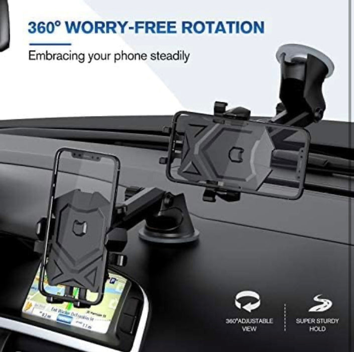 Phone holder with 360-degree rotation on a car dashboard, emphasizing stability and adjustability.