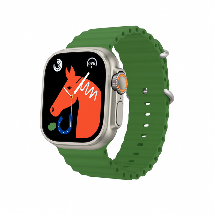 Smartwatch with a green band displaying a horse illustration on a white background