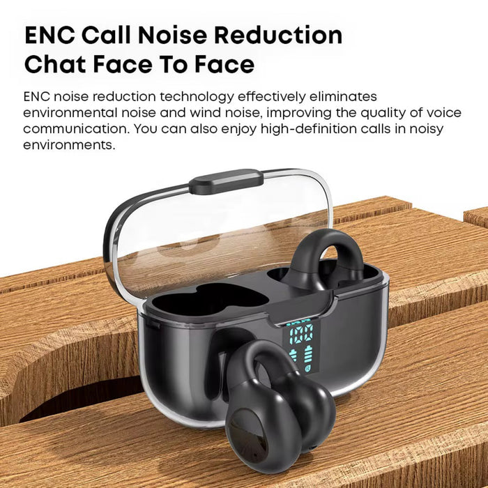 Black wireless earbuds with charging case on a wooden surface, featuring ENC call noise reduction technology.