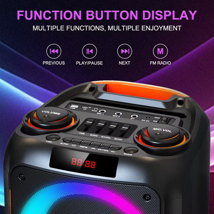 Black portable speaker with control buttons and display on a purple and blue gradient background