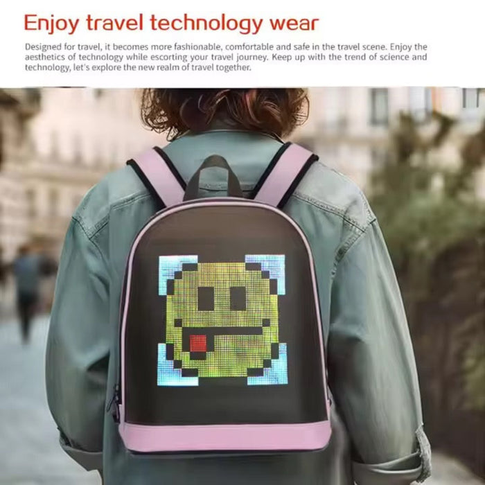 Person wearing a backpack with a pixelated face design in an urban setting