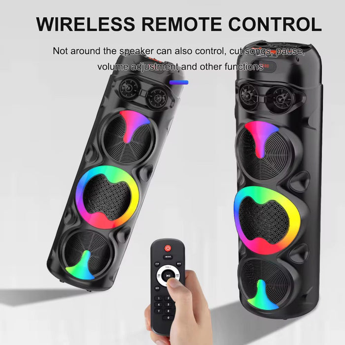 Black speaker with rainbow lights and wireless remote control on a white background