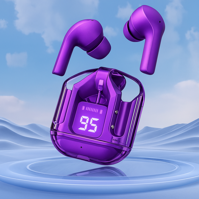 Purple wireless earbuds with charging case on a blue water background