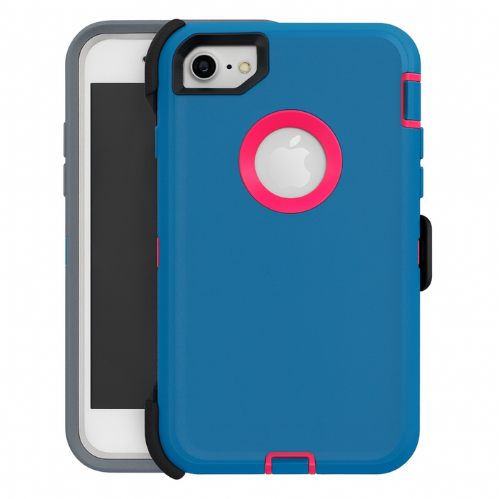 Blue phone case with pink accents on a white background