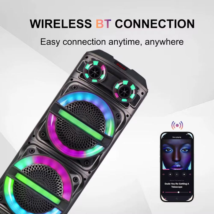 Multicolored Bluetooth speaker with smartphone app interface on a white background