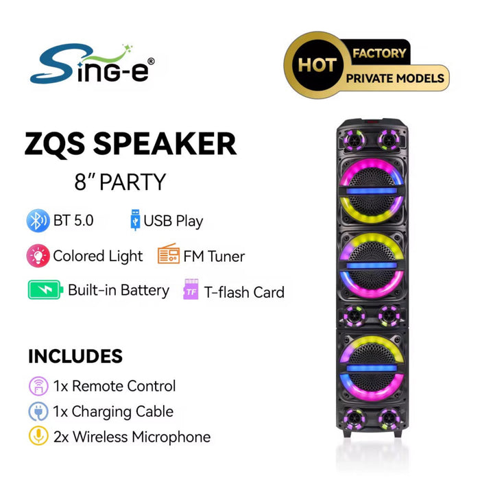 Sing-e ZQS8315 8” Bluetooth Party Speaker with Wireless Microphones & Remote – Wholesale