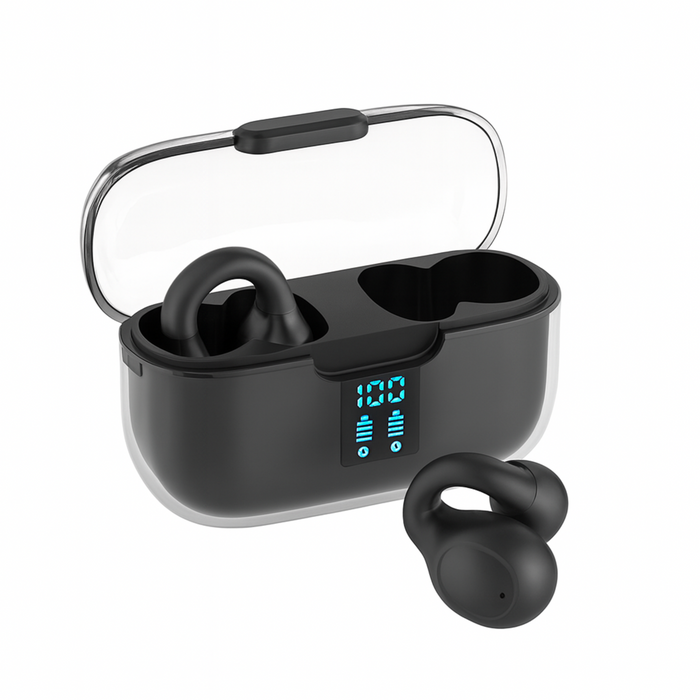 Black wireless earbuds with charging case on a white background