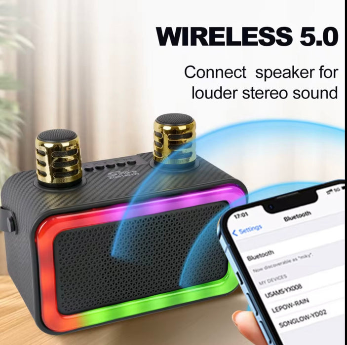 Wireless Bluetooth 5.0 Karaoke Speaker with Dual Gold Microphones – 4” RGB Light & Super Bass, Model ZQS1491W
