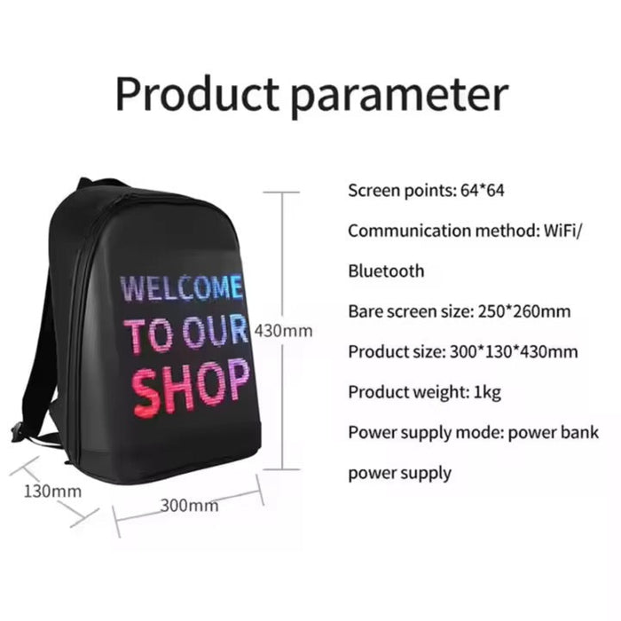 Backpack with digital display text 'WELCOME TO OUR SHOP' and product parameter details on a white background.