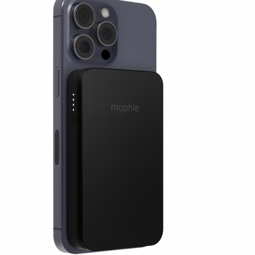 Black mophie phone case attached to a smartphone on a white background