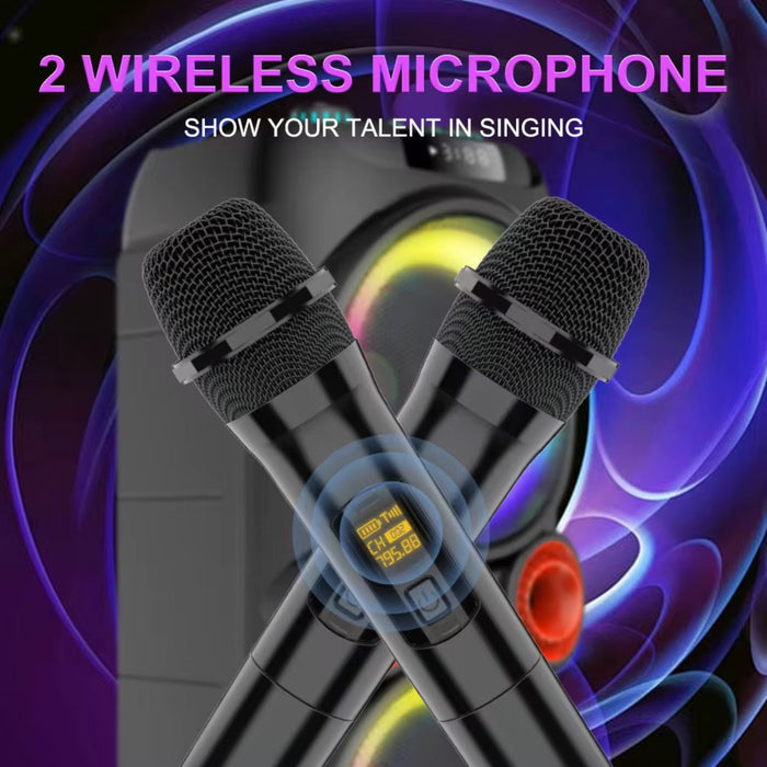 Two wireless microphones with a colorful background and text promoting singing talent.