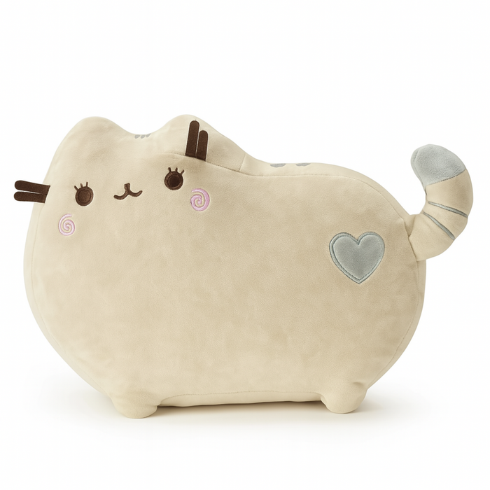 Plush toy resembling a cat with a heart on a white background