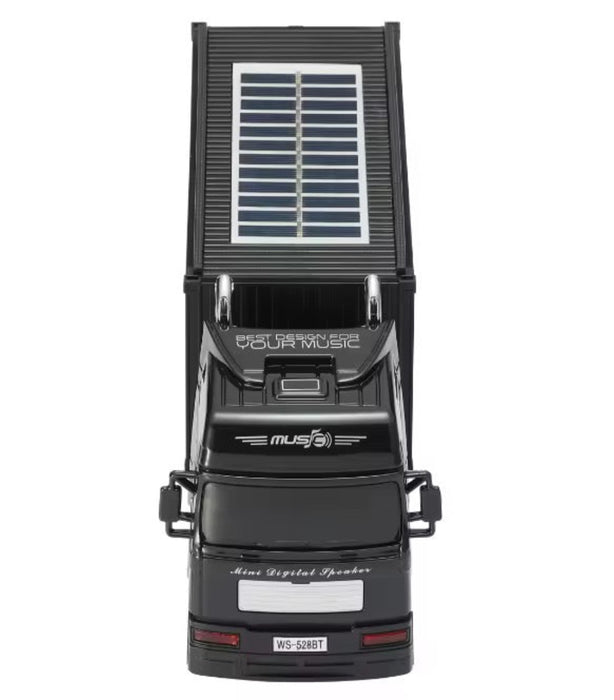 Black portable speaker with solar panel on a white background