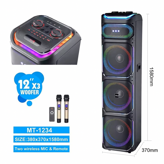 Portable sound system with RGB lighting, remote control, and microphones, featuring dimensions and product details.