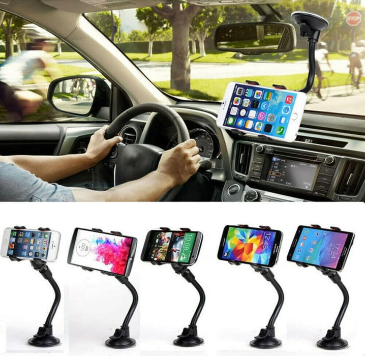 Car dashboard with a phone holder displaying multiple smartphones, and additional phone holders shown below.
