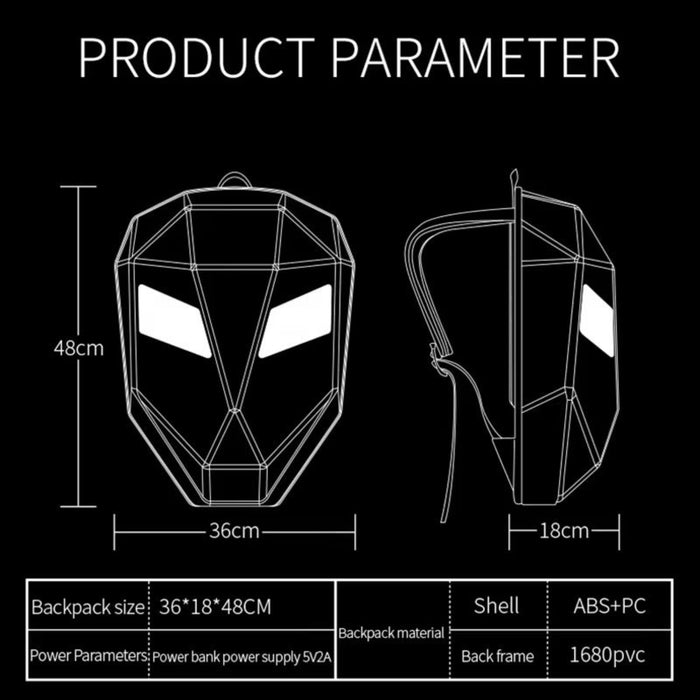 Technical drawing of a backpack with dimensions and material details on a black background