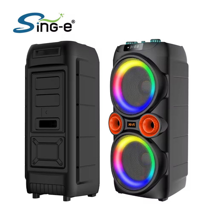 Black portable speakers with RGB lighting on a white background, featuring the Sing-e brand.