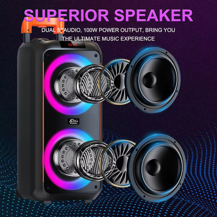 Black speaker with RGB lighting on a dark background, featuring text about superior speaker quality.