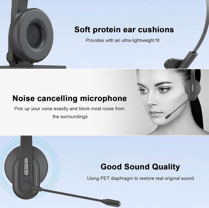 Wireless Mono Bluetooth Headset with Charging Dock and Mic – Noise Cancelling