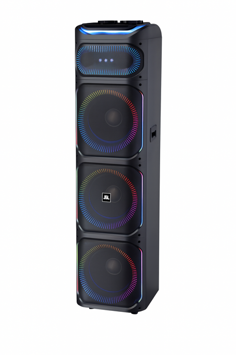 Black speaker with colorful LED lighting on a white background