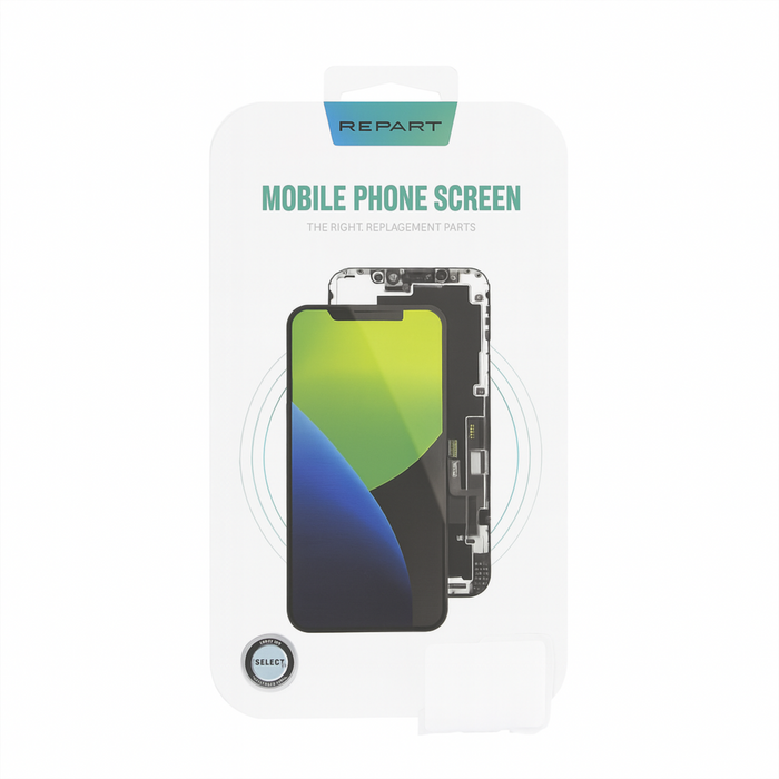 Mobile phone screen replacement part in packaging with REPART branding on a white background