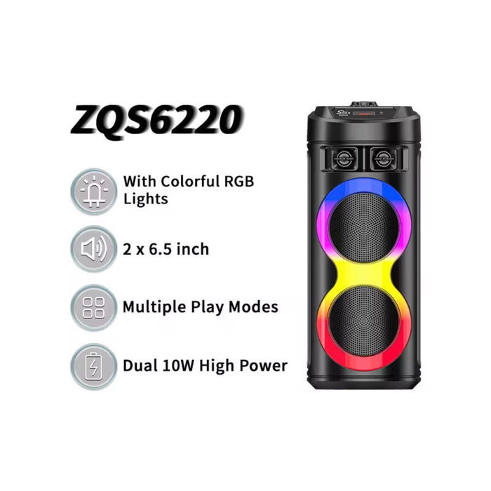 ZQS6220 Portable Bluetooth Speaker with RGB Lights – Dual 6.5” Drivers, 20W Output, Multiple Play Modes
