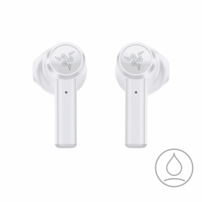 White wireless earbuds with Razer logo on a white background