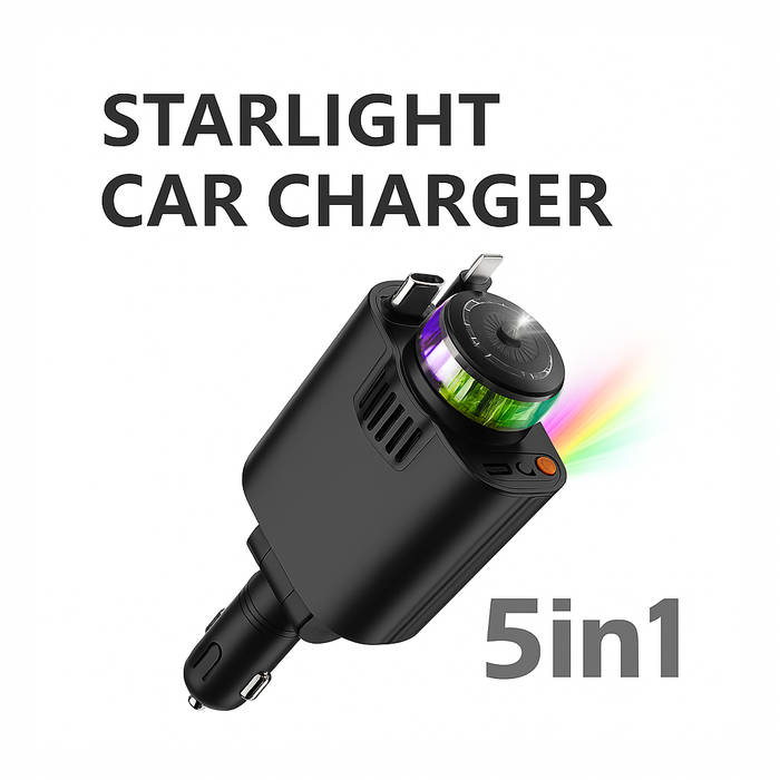 5-in-1 Starlight Car Charger with LED Light, Perfume Diffuser, Fast Charging & Dual USB