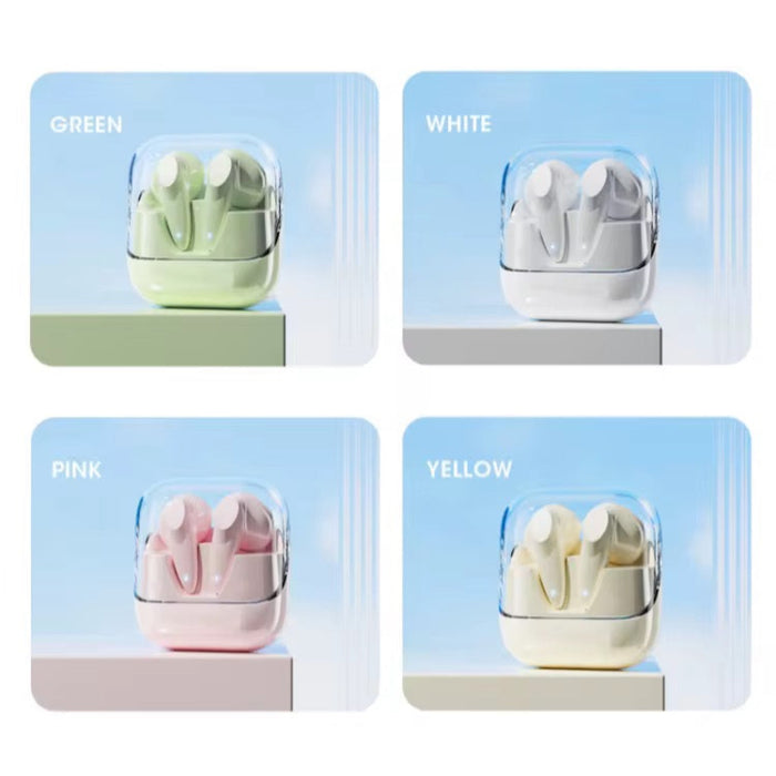 Four color options of a product in packaging with labels 'Green', 'White', 'Pink', and 'Yellow'.