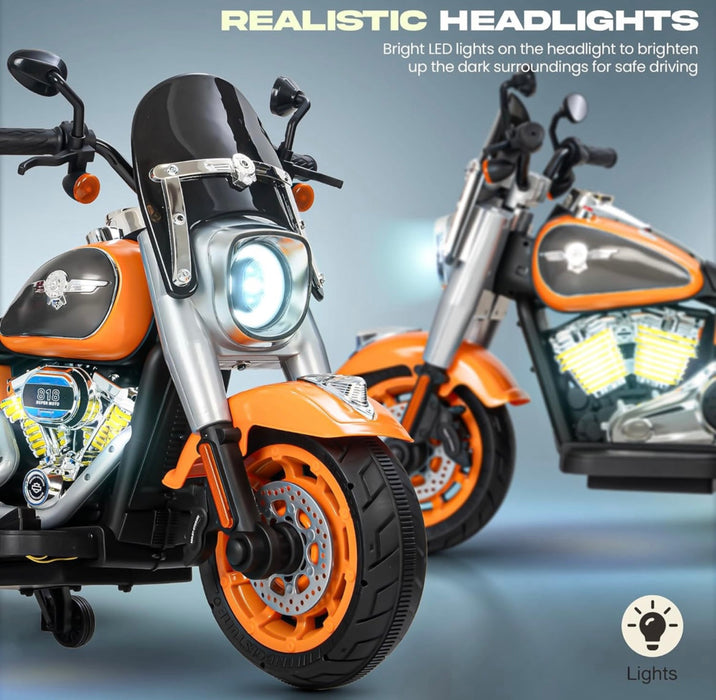 Orange and black motorcycle with realistic headlights on a gray background