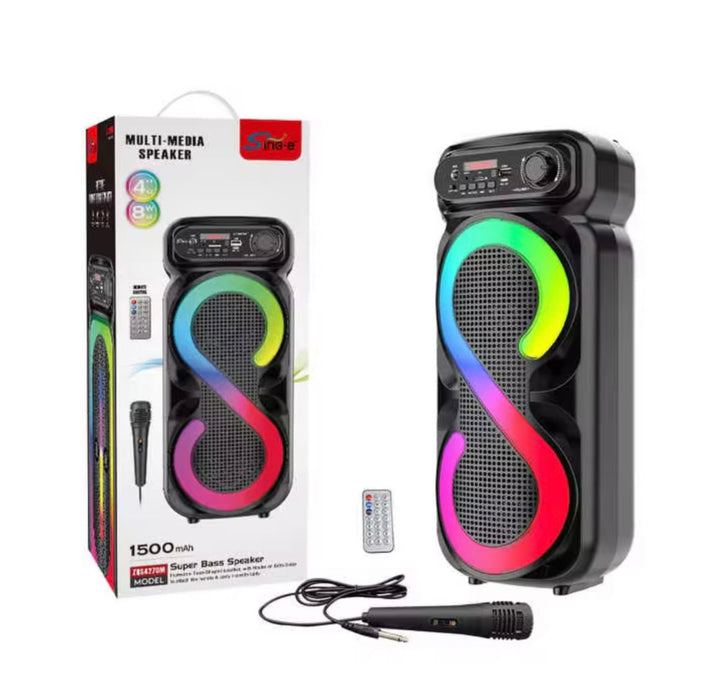 Multimedia speaker with colorful design, packaging, remote control, and microphone on a white background
