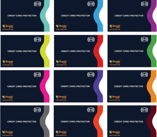 Grid of credit card protectors with various color combinations and Boxiki branding.