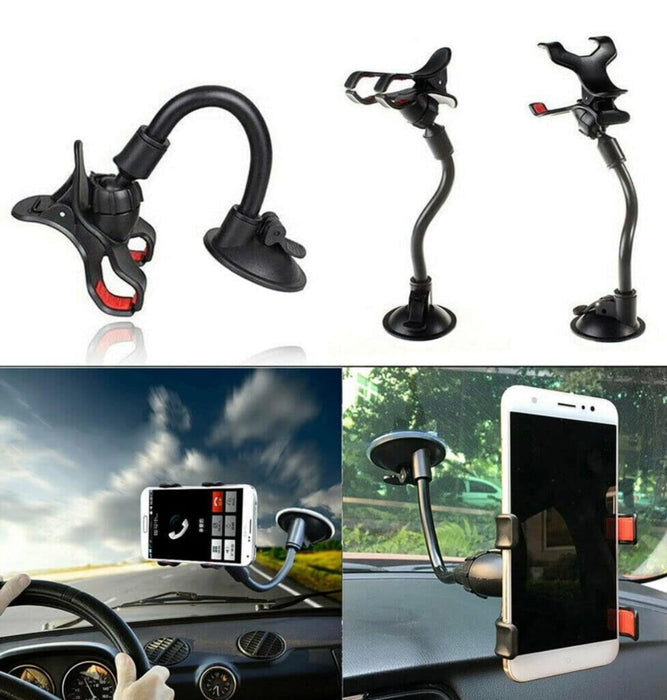 Set of car phone holders with different designs and a smartphone in use on a car dashboard.