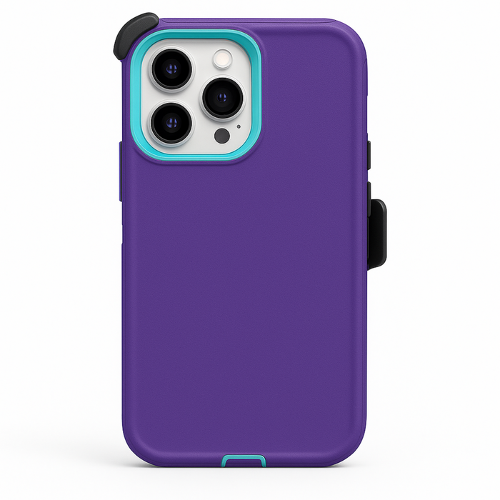 Purple phone case with a white back and black accents on a white background