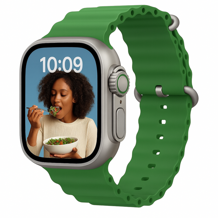 Smartwatch with a green band displaying an app on its screen.