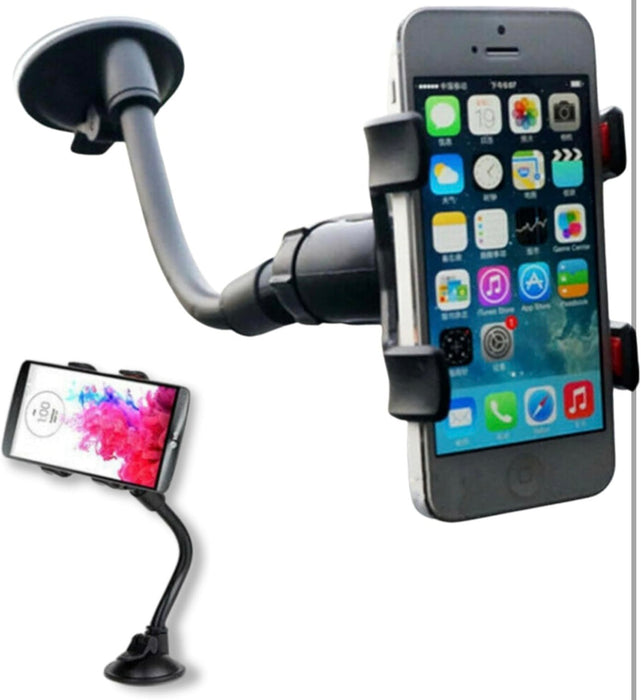 Phone holder with a smartphone displaying app icons on a white background