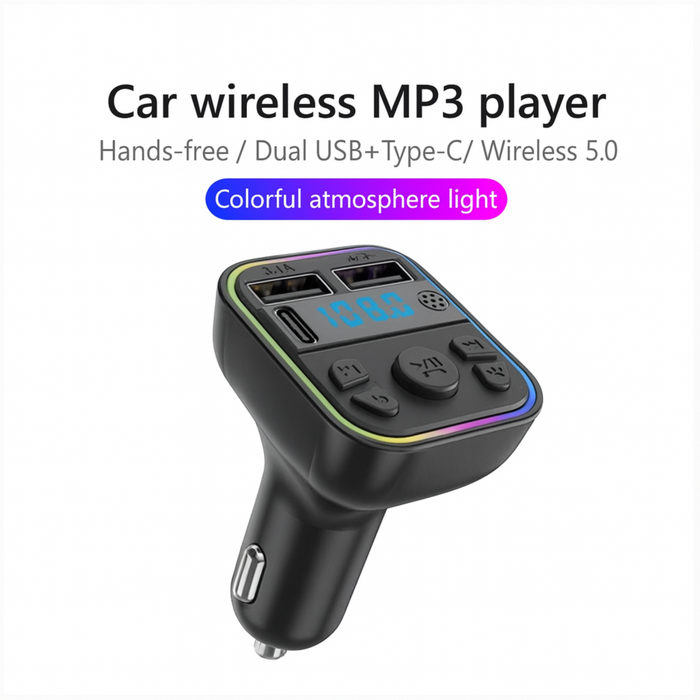 Car FM Wireless MP3 Player with Dual USB + Type-C Charging, Bluetooth 5.0 & LED Display