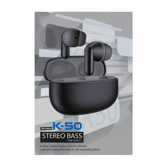 Black wireless earbuds in a clear packaging with 'K-50' branding on a gray background.