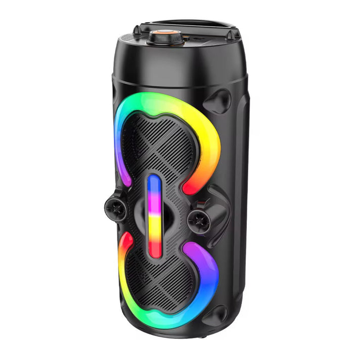 Black portable speaker with colorful LED lights on a white background