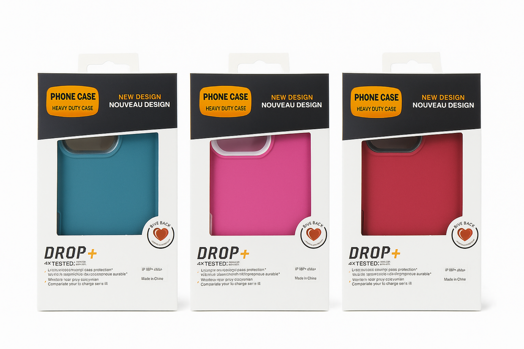 Three packages of phone cases with blue, pink, and red colors on a white background.