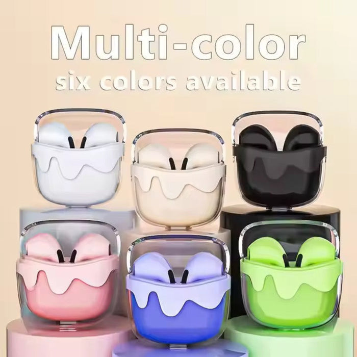 Six colorful wireless earbuds in their cases with text indicating multiple color options.