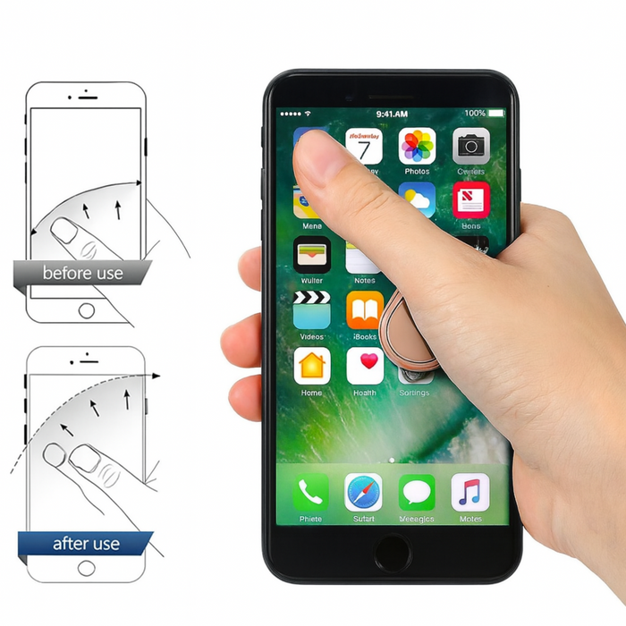 Hand holding a smartphone with app icons displayed, showing before and after use of a screen protector.