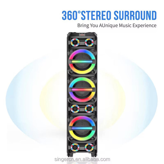 Colorful speaker with '360° Stereo Surround' text on a white background