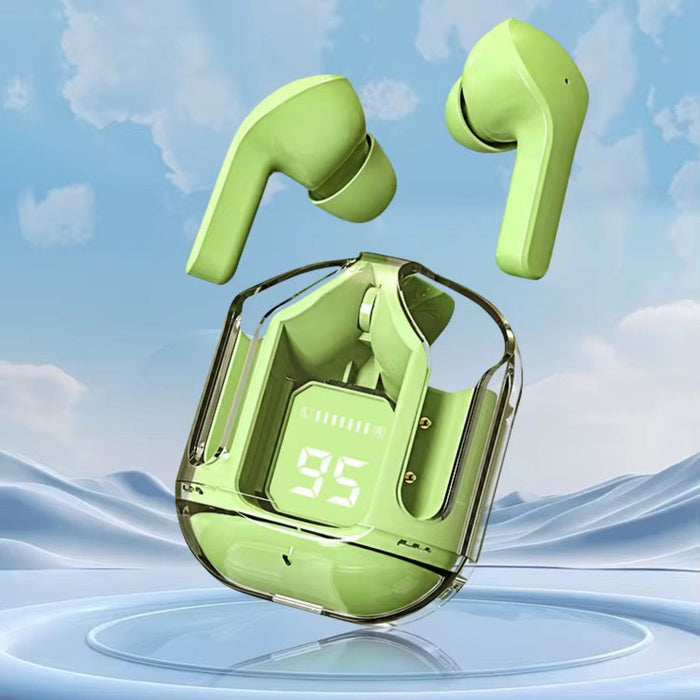 Green wireless earbuds with charging case on a blue sky background